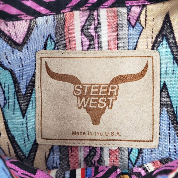 Vtg Steer West Western Shirt Large All Over Print Aztec Cowboy Long Sleeve USA - Picture 3 of 9
